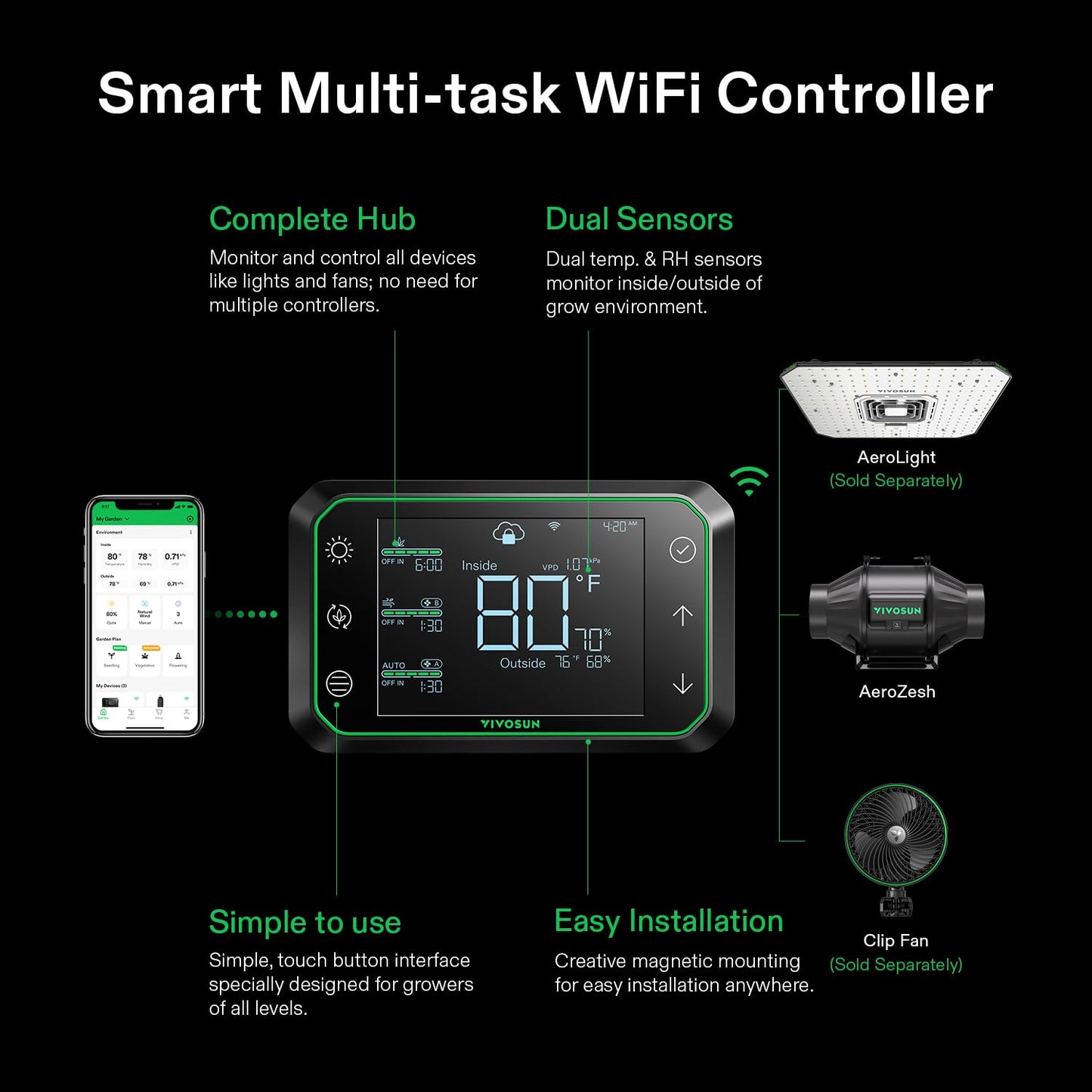VIVOSUN Smart Air Filtration PRO T4 Kit 4", AeroZesh T4 Inline Duct Fan w/GrowHub E42A Temp. Humidity WiFi-Controller, Carbon Filter & Ducting, Cooling & Ventilation System for Grow Tent, Hydroponics