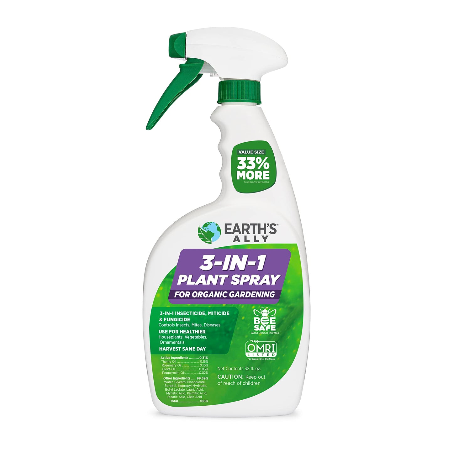 Earth's Ally 3-in-1 Plant Spray 32 oz | Safe & Organic Insecticide, Fungicide & Spider Mite Control, Use on Indoor Houseplants and Outdoor Plants, Gardens & Trees, Insect Repellent & Antifungal Use