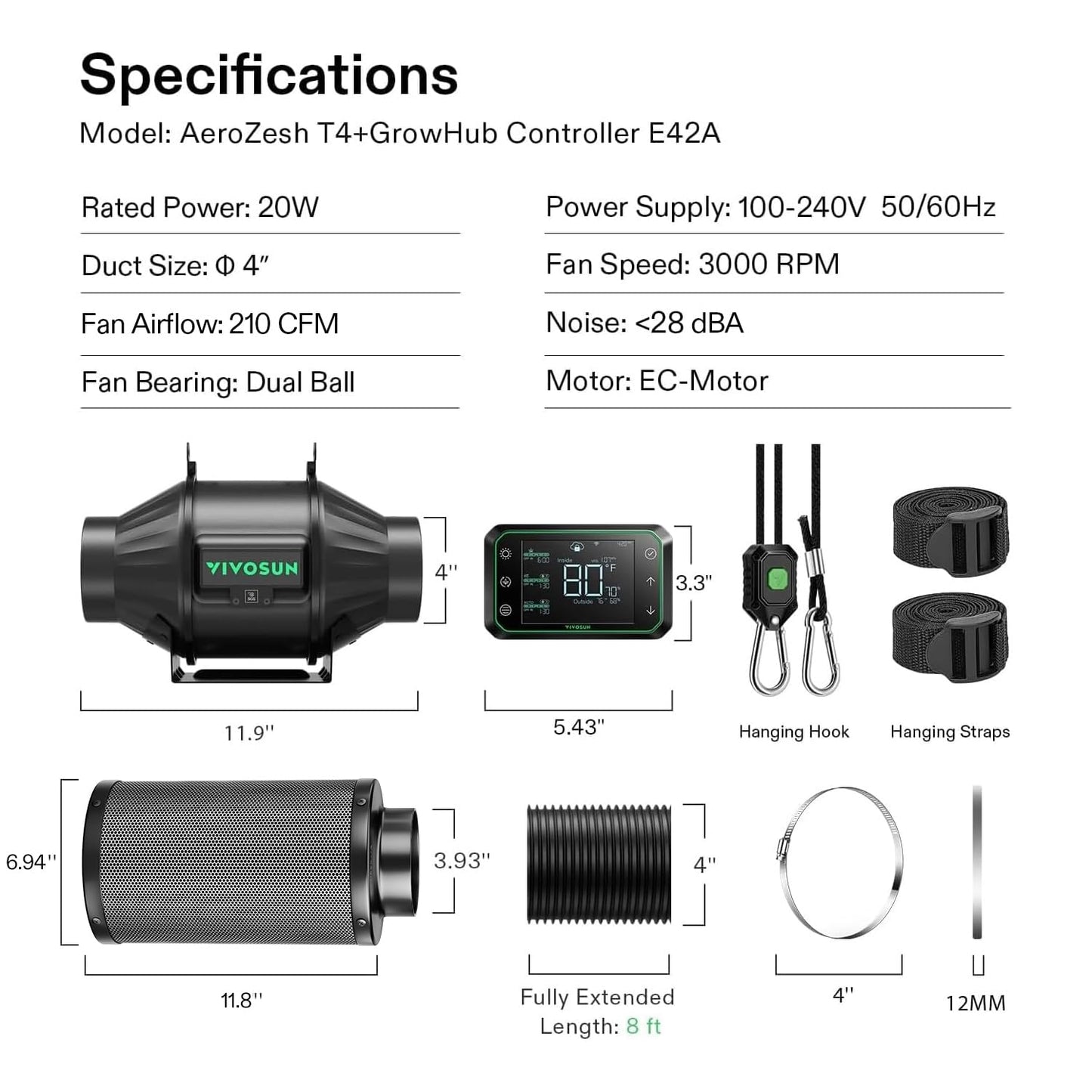 VIVOSUN Smart Air Filtration PRO T4 Kit 4", AeroZesh T4 Inline Duct Fan w/GrowHub E42A Temp. Humidity WiFi-Controller, Carbon Filter & Ducting, Cooling & Ventilation System for Grow Tent, Hydroponics
