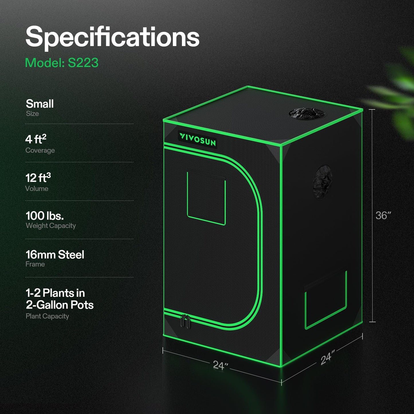 VIVOSUN S223 2x2 Grow Tent, 24"x24"x36" High Reflective Mylar with Observation Window and Floor Tray for Hydroponics Indoor Plant for VS1000