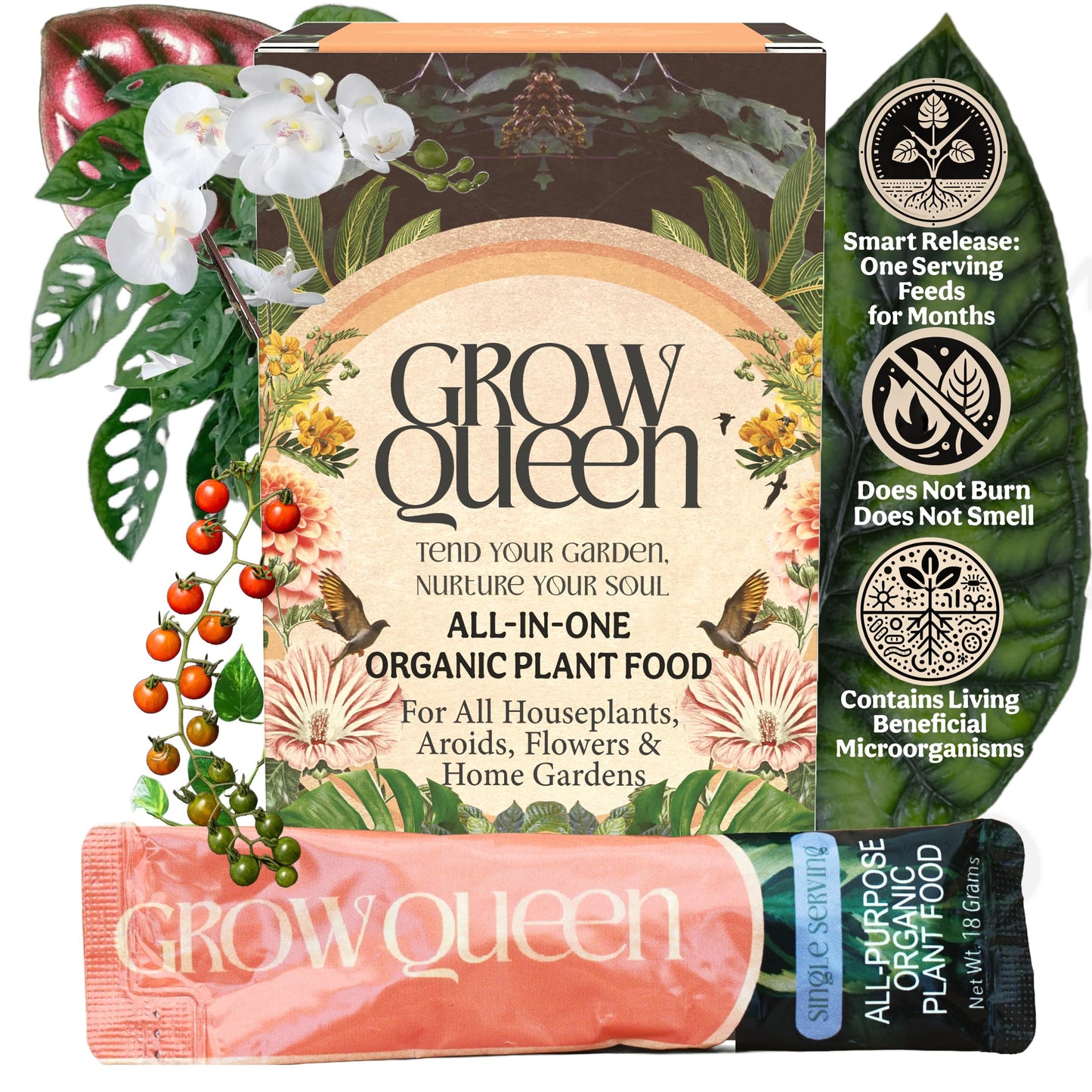 Grow Queen All-in-One Complete Organic Plant Food, Indoor Plant Food for Houseplants, Organic Fertilizer for Vegetable Gardens, 7 Formulated Single Servings Feeds 14 gal Fast and Slow Release