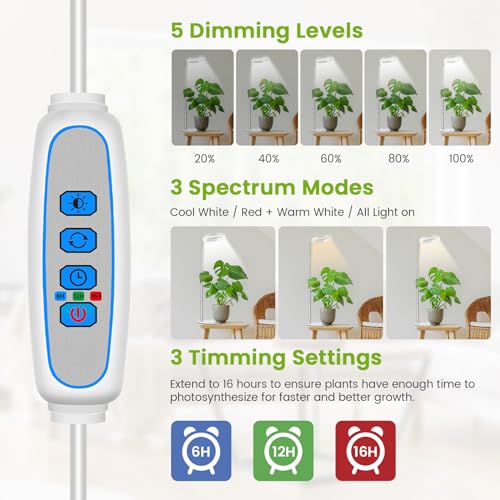 Kullsinss Grow Lights for Indoor Plants Full Spectrum, 80 LEDs Plant Light for Indoor Growing with 2 Mounting Options, 6H 12H 16H Timer, 3 Spectrum Modes, 37.4 in Height Adjustable Desk Grow Lamp