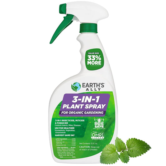 Earth's Ally 3-in-1 Plant Spray 32 oz | Safe & Organic Insecticide, Fungicide & Spider Mite Control, Use on Indoor Houseplants and Outdoor Plants, Gardens & Trees, Insect Repellent & Antifungal Use