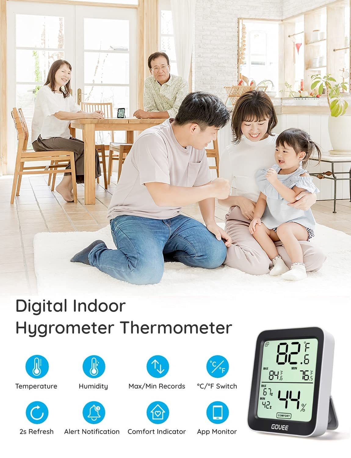 Govee Hygrometer Thermometer H5075, Bluetooth Indoor Room Temperature Monitor Thermometer with Remote App Control, Notification Alerts, 2 Years Data Storage Export(Only Supports 164ft Bluetooth Range)