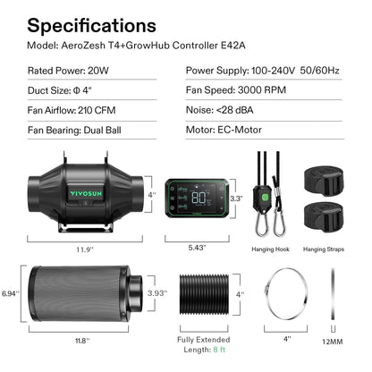 VIVOSUN Smart Air Filtration PRO T4 Kit 4", AeroZesh T4 Inline Duct Fan w/GrowHub E42A Temp. Humidity WiFi-Controller, Carbon Filter & Ducting, Cooling & Ventilation System for Grow Tent, Hydroponics