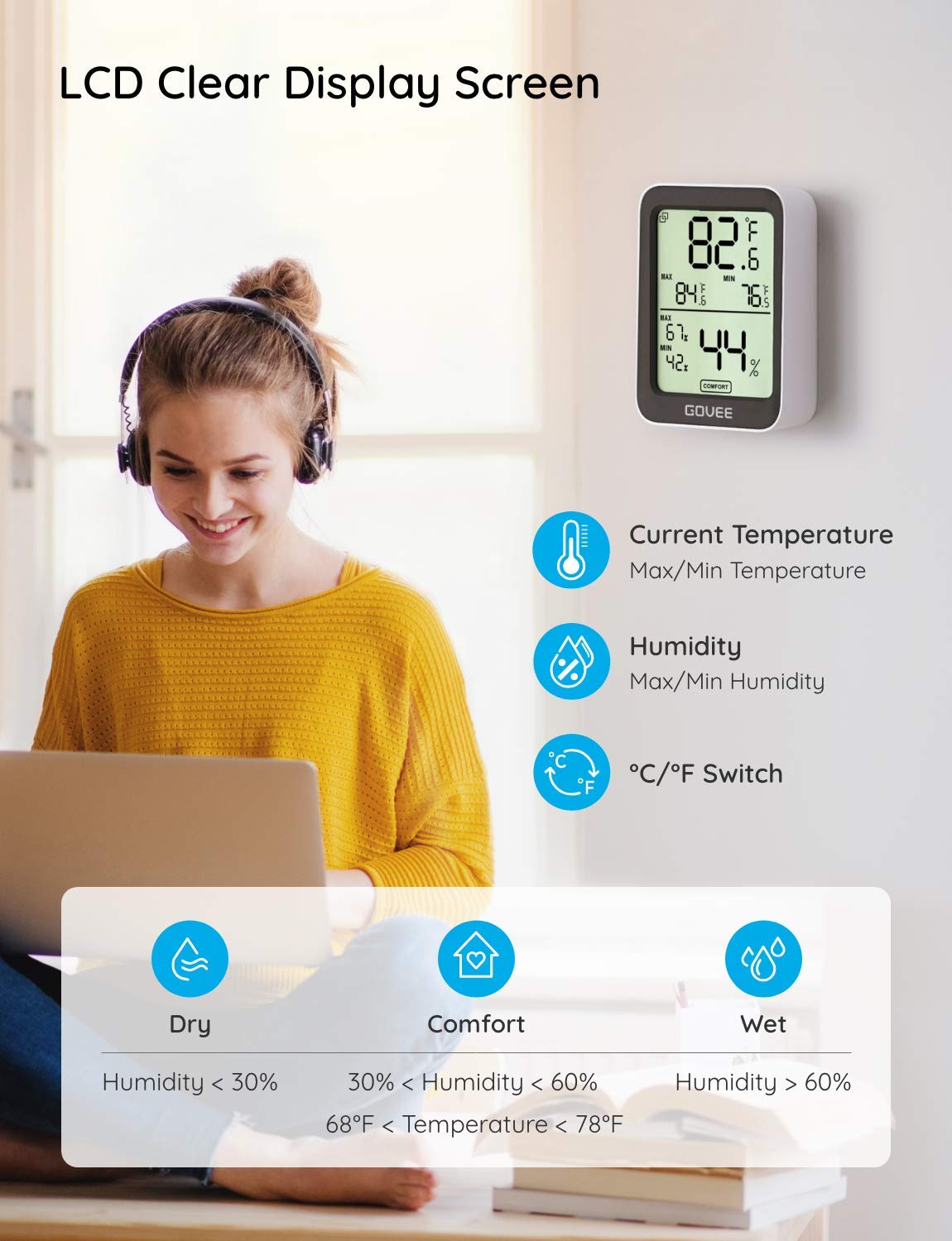 Govee Hygrometer Thermometer H5075, Bluetooth Indoor Room Temperature Monitor Thermometer with Remote App Control, Notification Alerts, 2 Years Data Storage Export(Only Supports 164ft Bluetooth Range)